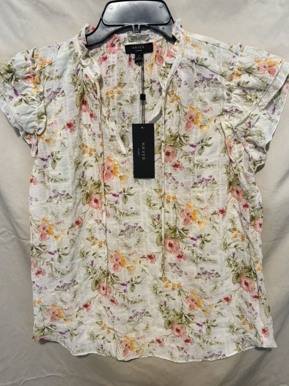 Haver Floral Tie-Neck Ruffle Sleeve Blouse - Cream Floral